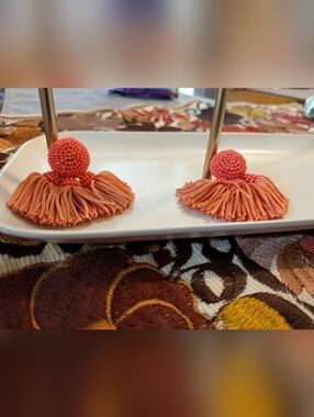 Sachin + Babi Coral Pink Beaded Tassel Drop Clip-on Earrings